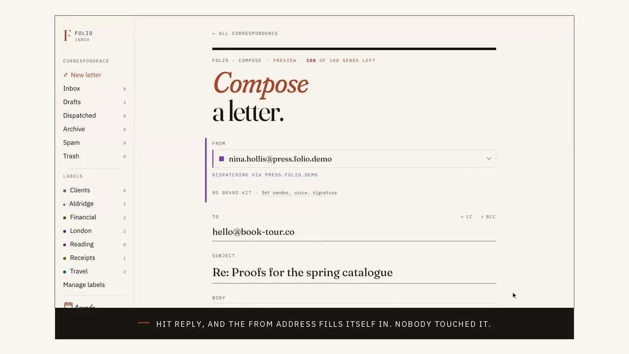 The Folio composer, mid-reply: the From field already reads nina.hollis@press.folio.demo with a purple identity stripe, and the pointer is far from it.