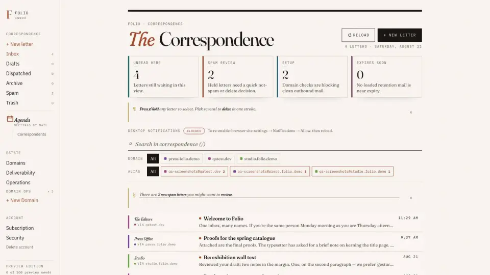 Folio inbox showing messages from several color-coded business domains
