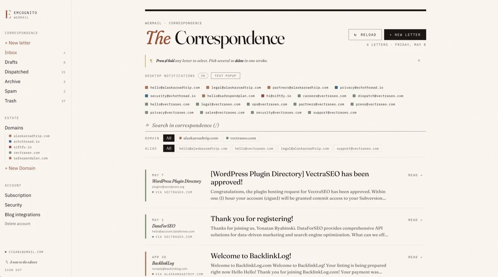 Folio correspondence inbox showing email from several domains, each with a colored identity stripe.